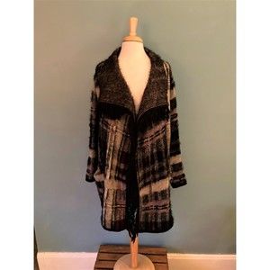BCBGMaxAzria long open beige & black fringed cardigan size medium